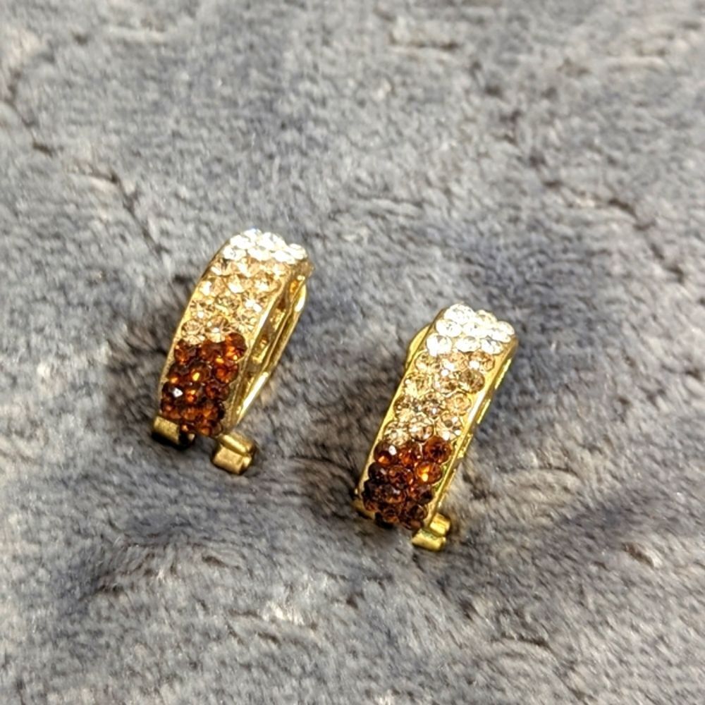 Vintage Tri-Colored Rhinestone Half Hoop Pierced Earrings - Picture 9 of 9